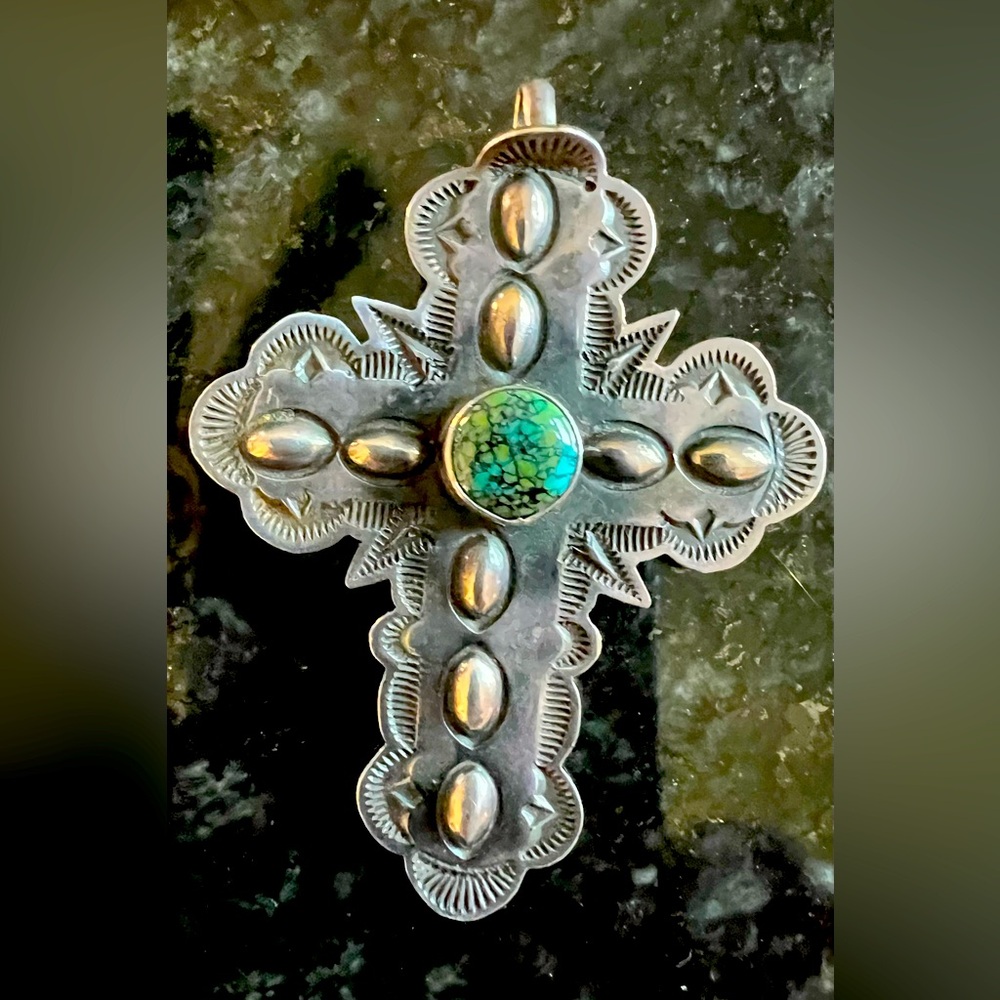 Silver Cross Pendant with Turquoise Accent